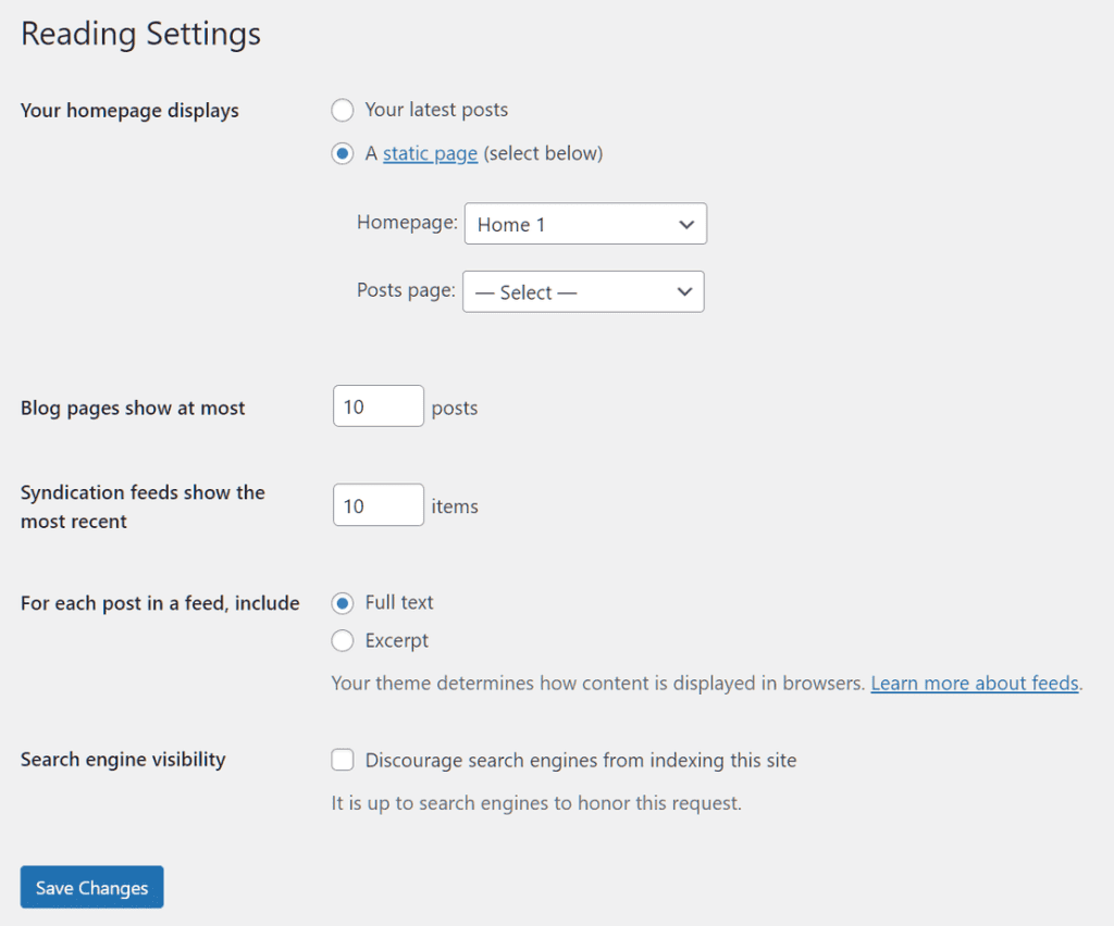 Wordpress Tutorial Reading Settings