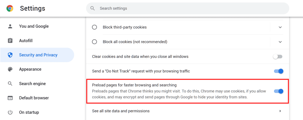 Chrome Preload Pages Settings