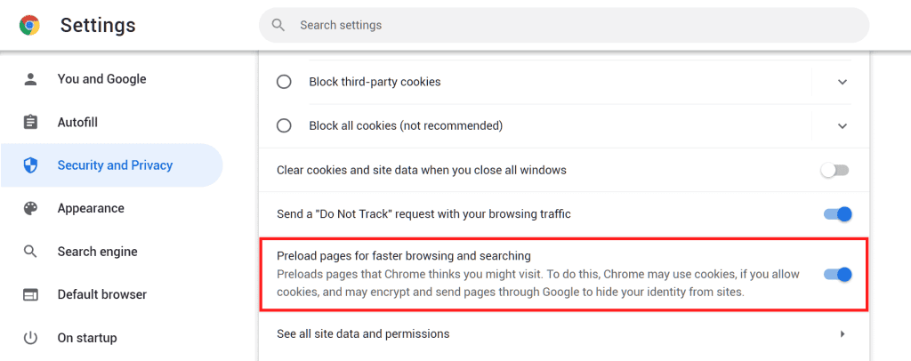 Chrome Preload Pages Settings