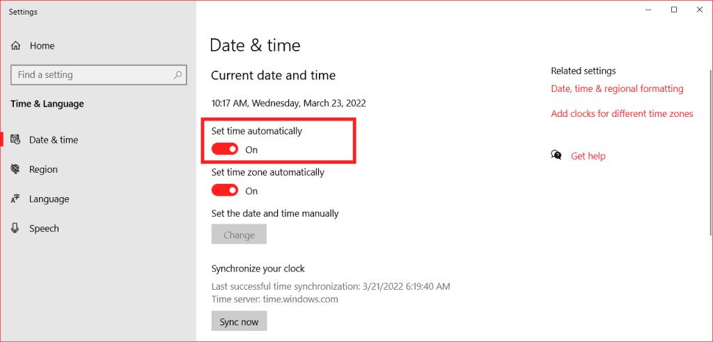 Windows 10 Set Time Automatically
