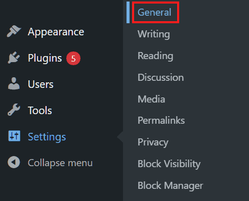 Wordpress Admin Menu General Settings