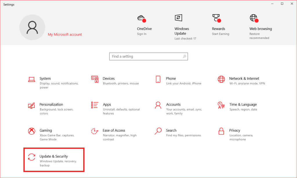 Windows Update And Security Settings Menu