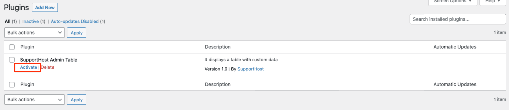 Activate Supporthost Admin Table Plugin