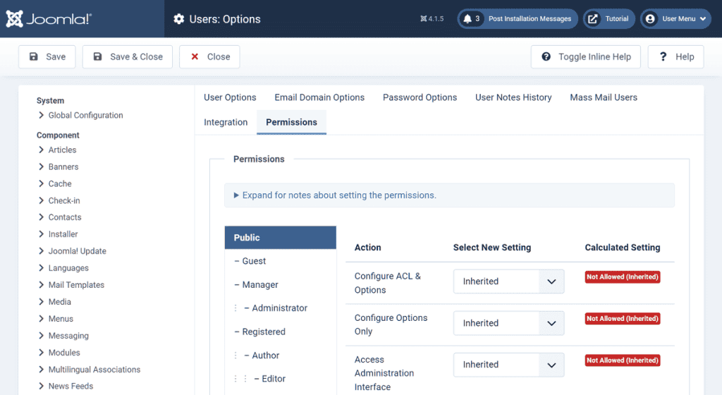 Joomla User Permissions Settings