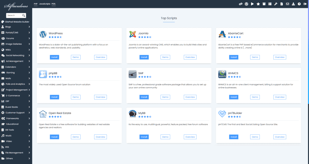 Magento Vs Prestashop Softaculous Panel Dashboard