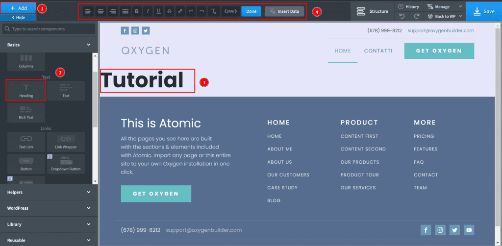 Oxygen WordPress Builder Add Heading