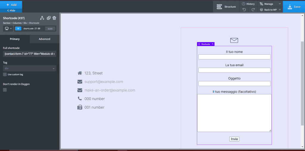 Oxygen WordPress Builder Contact Form Example