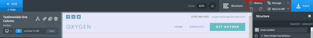 Oxygen WordPress Builder History Undo Redo