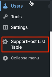 Supporthost List Table WordPress Plugin