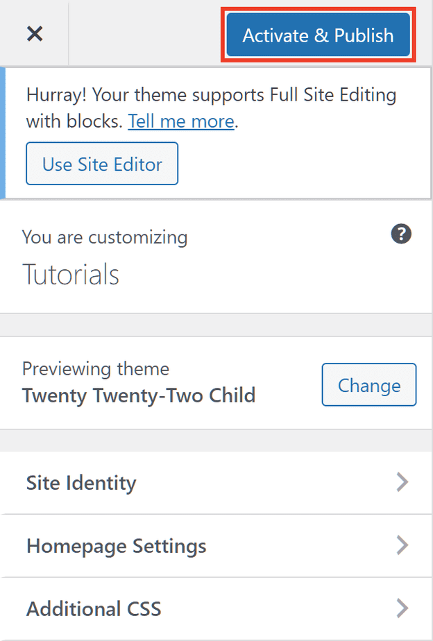 Activate And Publish Child Theme