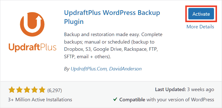 Activate Updraftplus Plugin