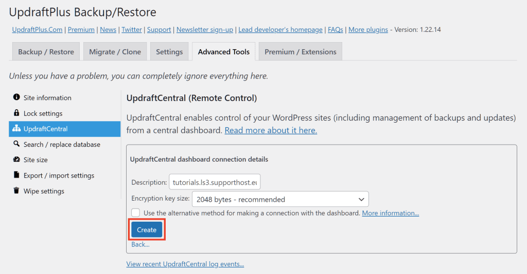 Updraftcentral Remote Control Settings