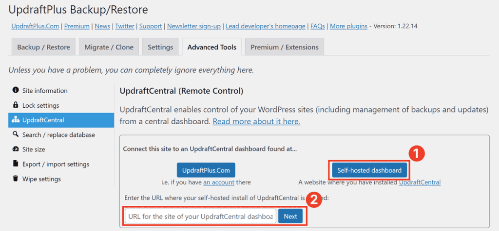 Updraftcentral Self Hosted Dashboard Settings