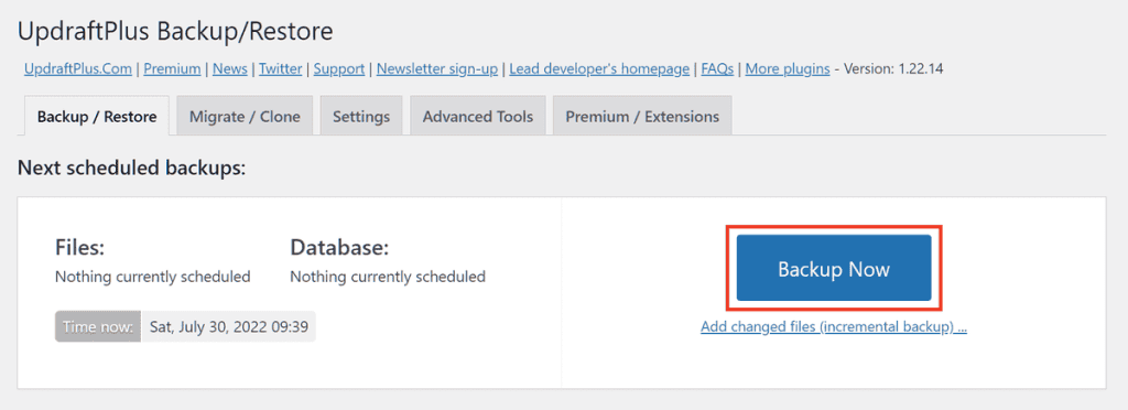 Updraftplus Backup Now