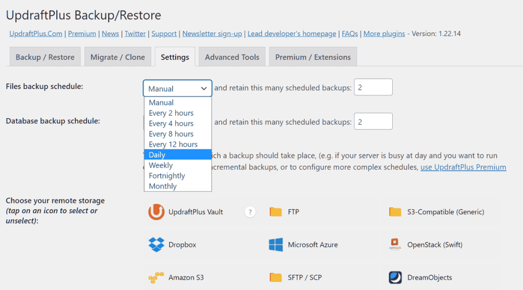 Updraftplus Backup Schedule Settings