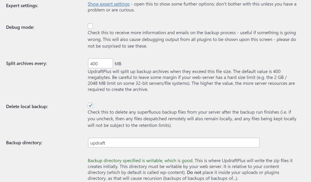 Updraftplus Expert Settings