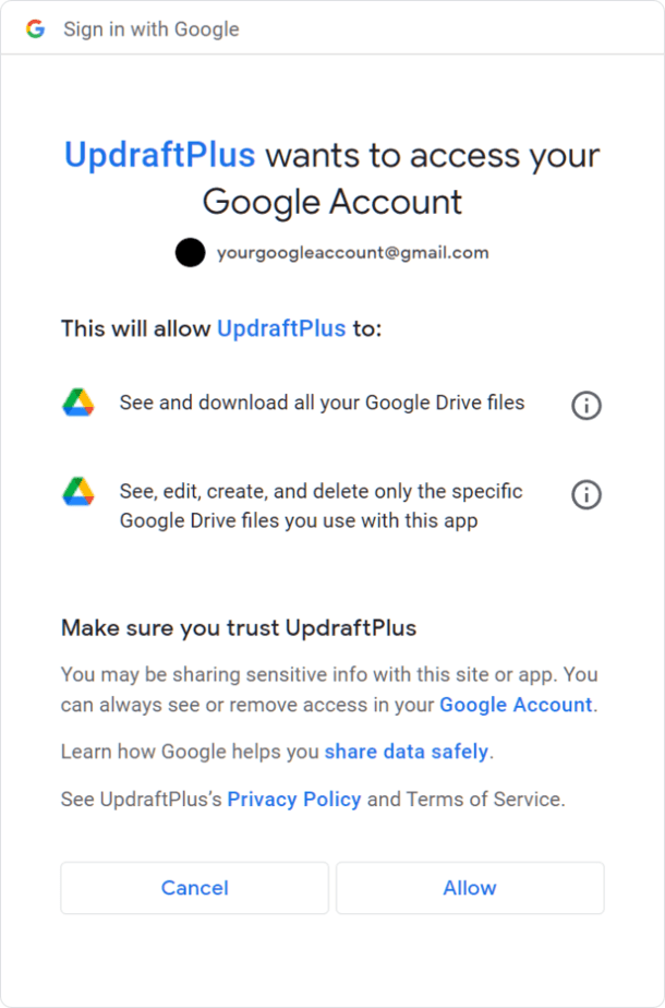 Updraftplus Google Drive Access