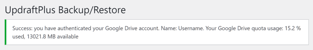 Updraftplus Google Drive Connected Successfully