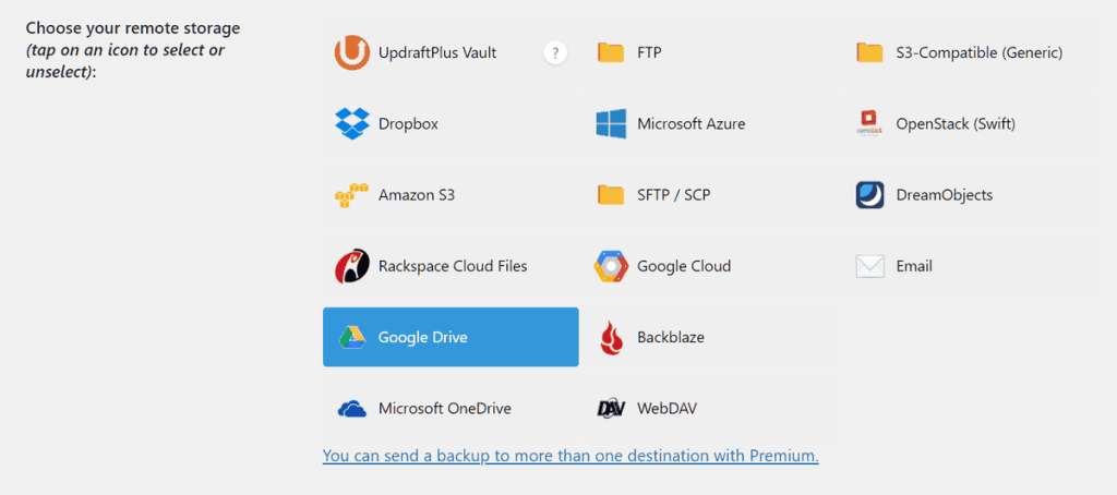 Updraftplus Remote Storage Selection