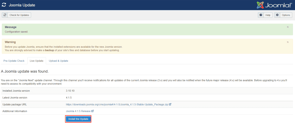 Install Joomla 4 Update