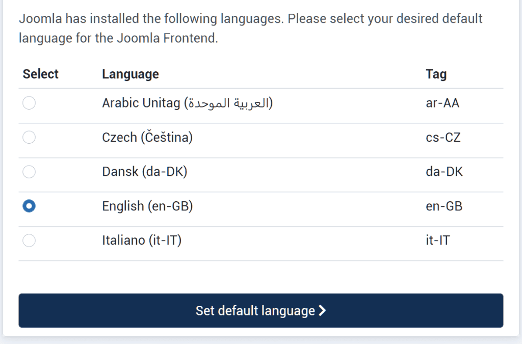 Install Joomla Language Settings