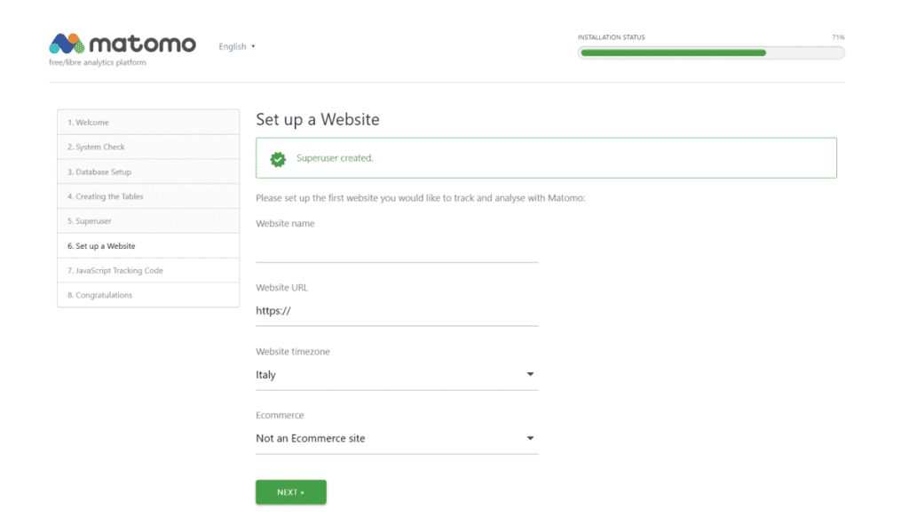 Install Matomo Site Settings