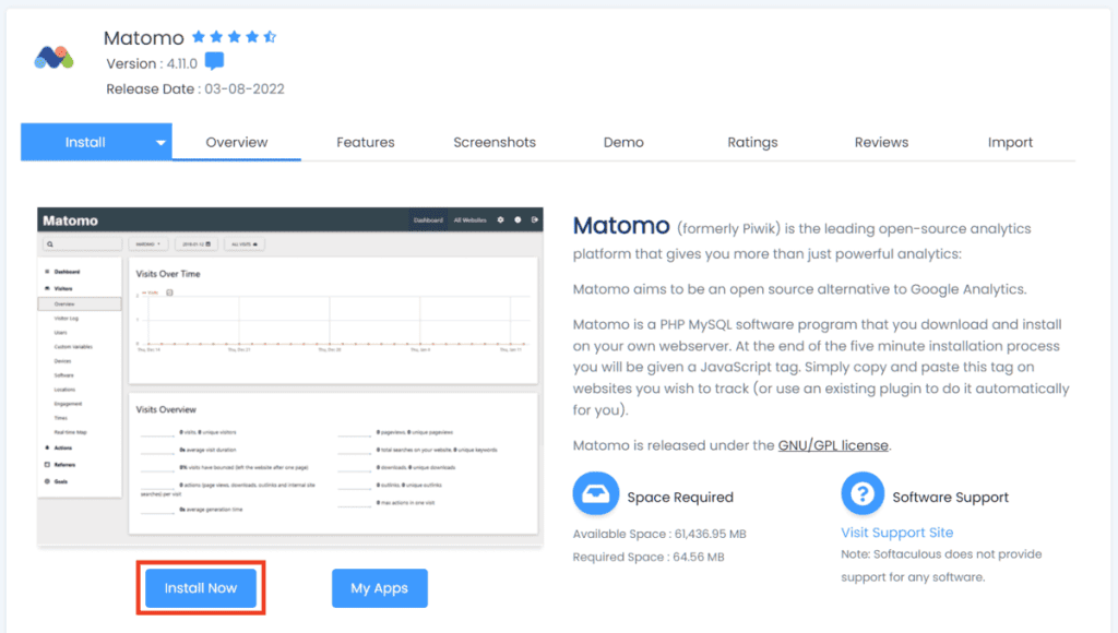 Install Matomo Using Softaculous