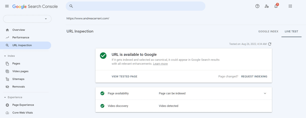 Search Console Url Inspection