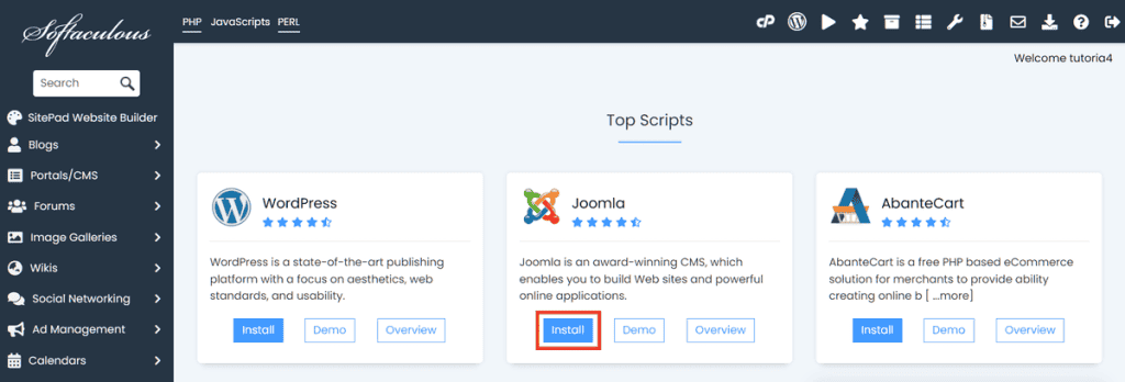 Softaculous Install Joomla