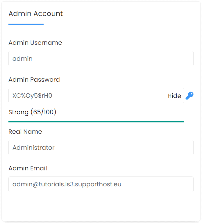 Softaculous Joomla Administrator Account Settings