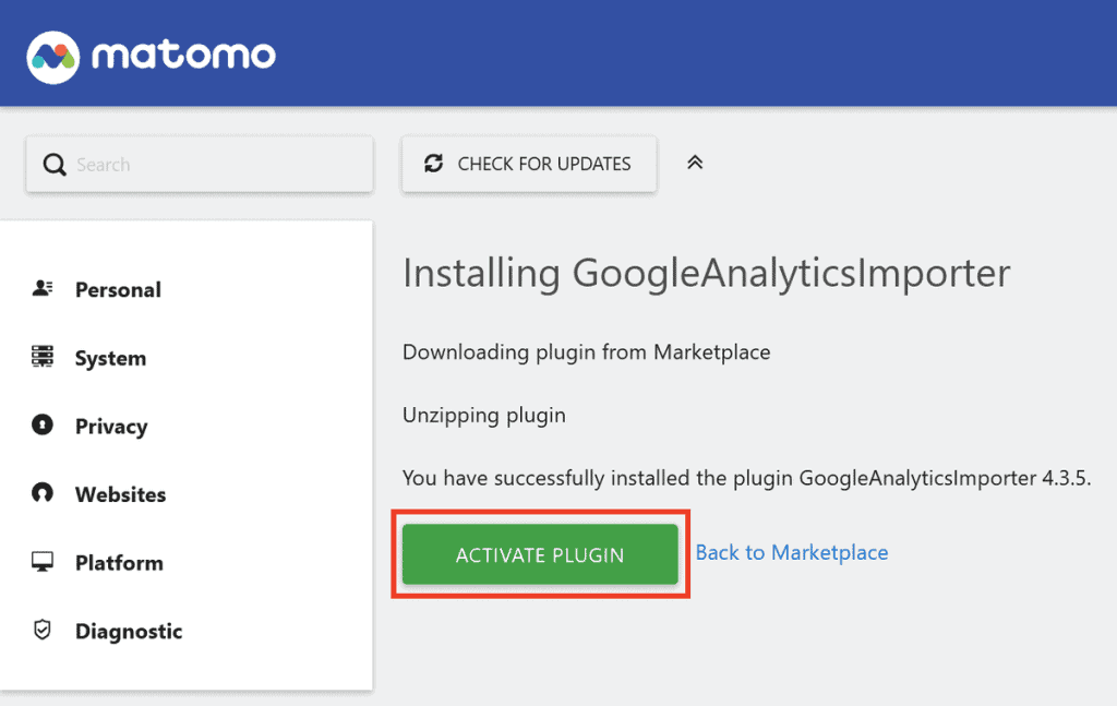 Activate Plugin Google Analytics Importer