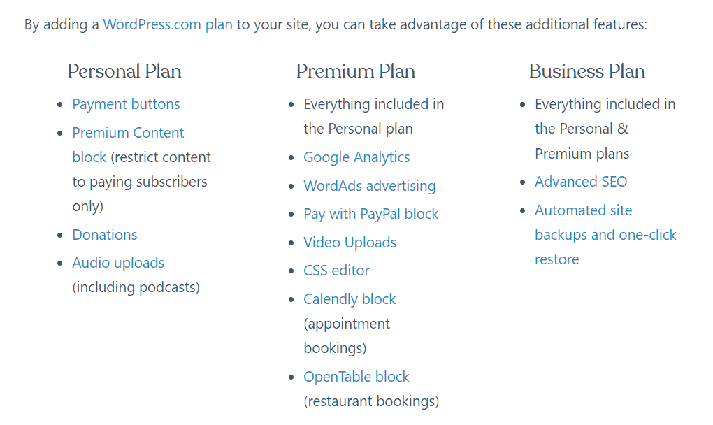 Additional Functions WordPress Com Plans