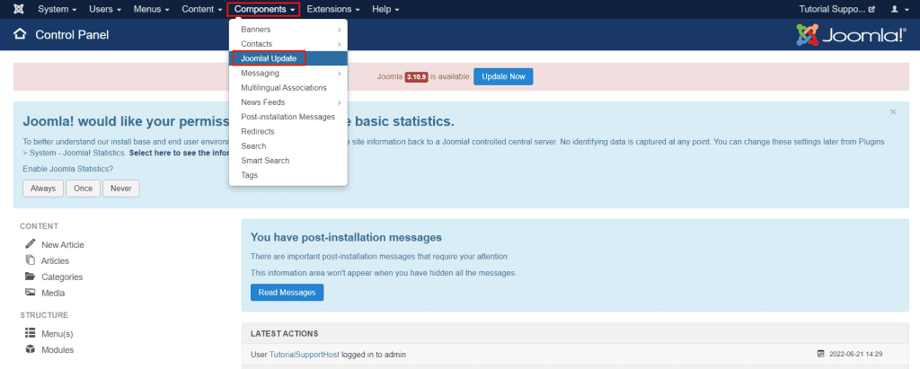 Components Joomla Updates Settings