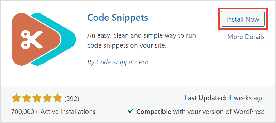 Install Code Snippets Plugin