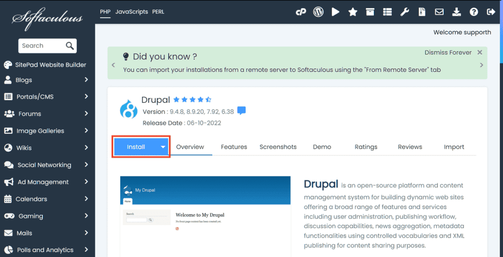 Install Drupal With Softaculous