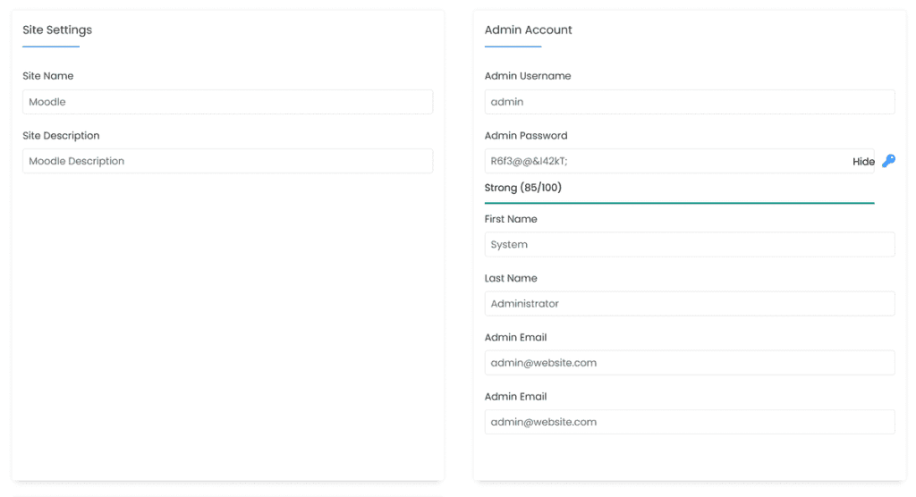 Install Moodle With Softaculous Site Settings