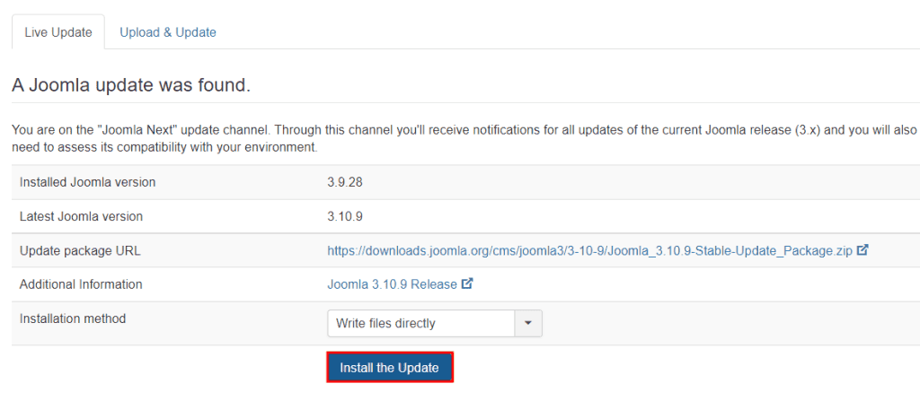 Joomla Install The Update 3 10