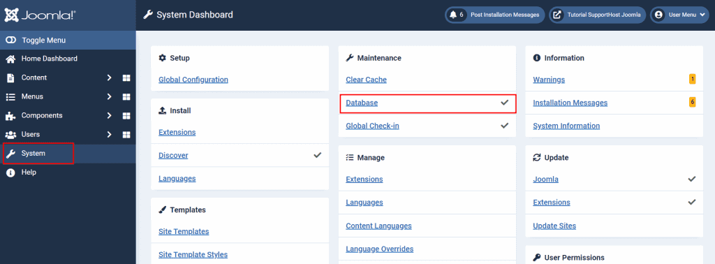 Joomla System Maintanance Database Settings