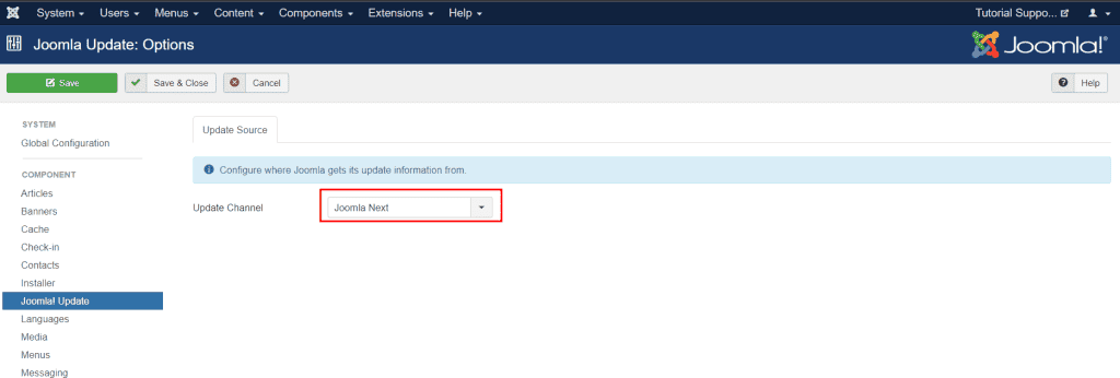 Joomla Update Channel Options