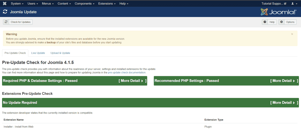 Joomla Update Pre Update Check