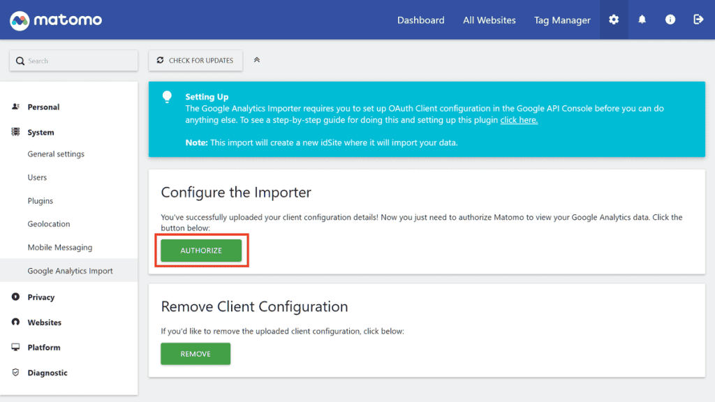 Matomo Authorize The Importer