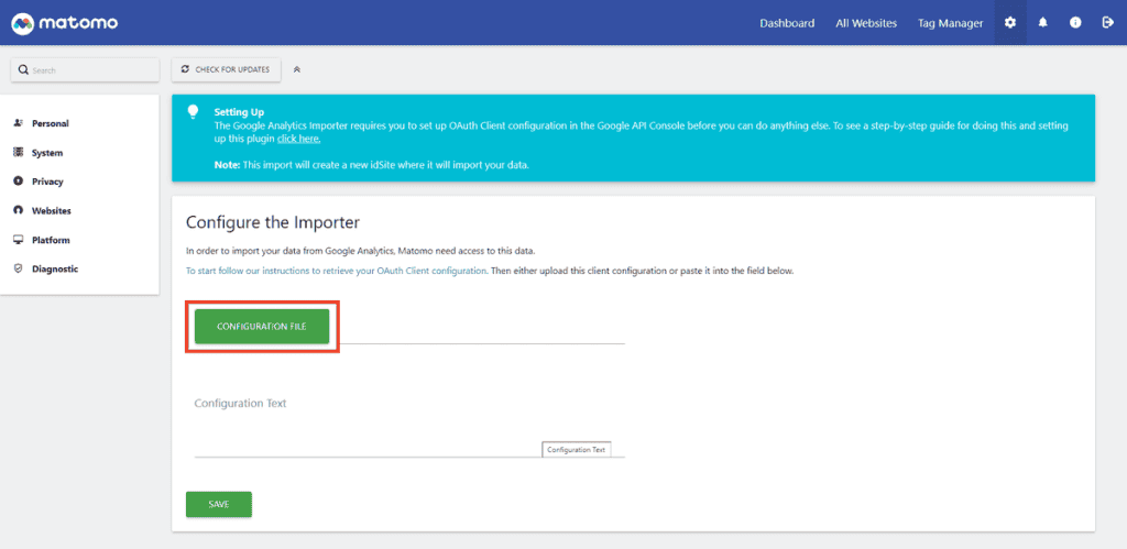 Matomo Configure The Importer Configuration File