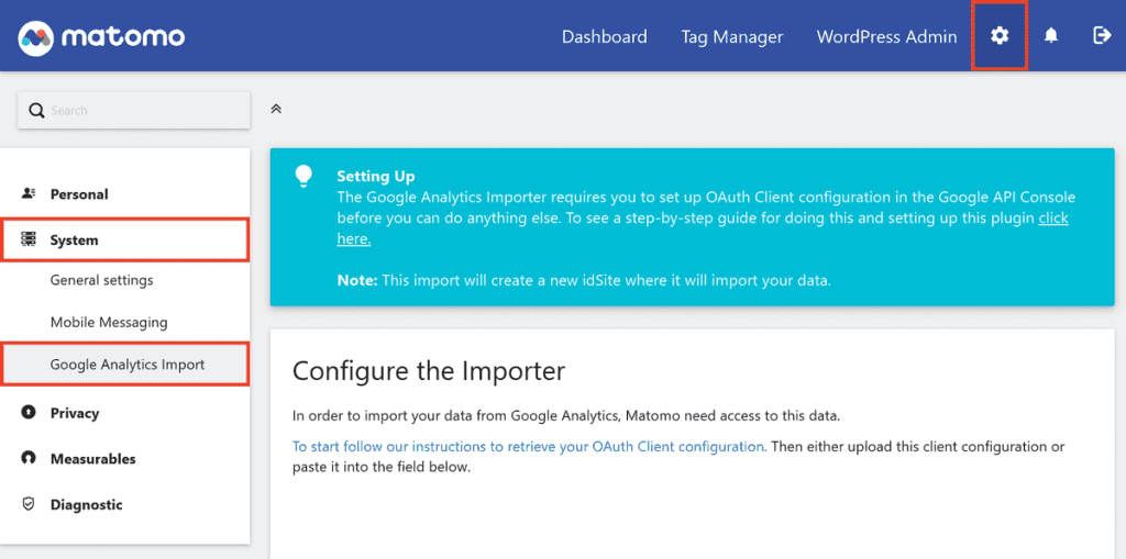 Matomo For WordPress Google Analytics Import Settings