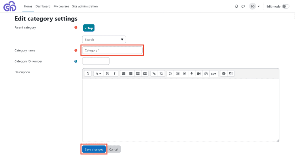 Moodle Edit Course Category Settings