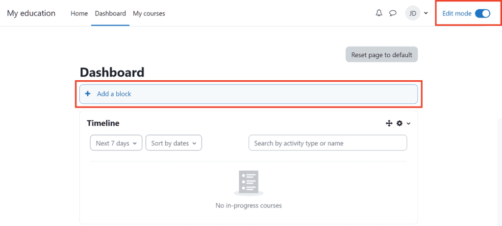 Moodle Edit User Dashboard