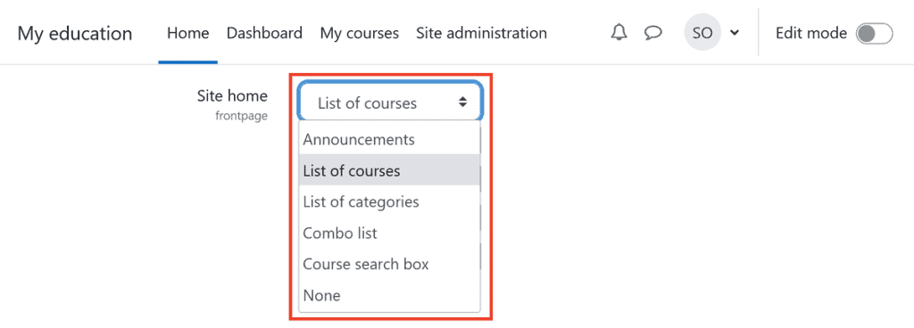 Moodle Homepage Settings