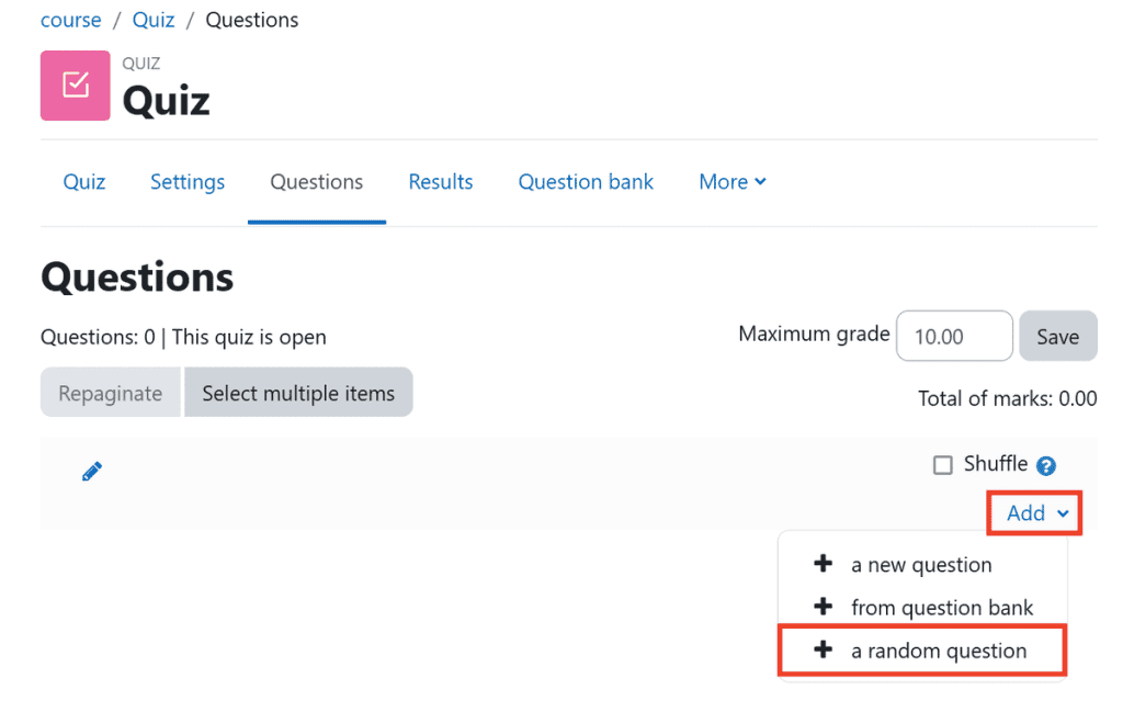 Moodle Quiz Add A Random Question