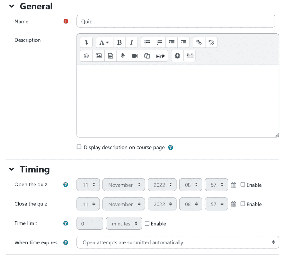 Moodle Quiz General And Timing Settings