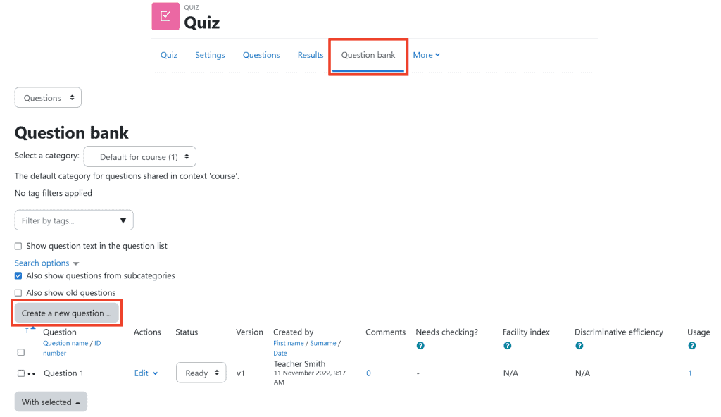 Moodle Quiz Question Bank