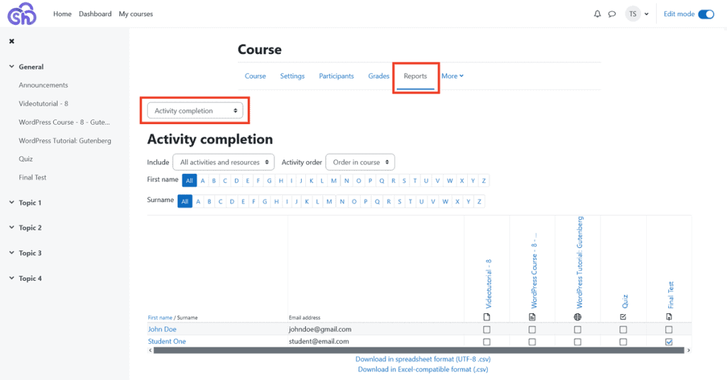 Moodle Reports Activity Completion